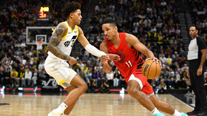Keyonte George, Utah Jazz (left); Malcolm Brogdon, Portland Trail Blazers