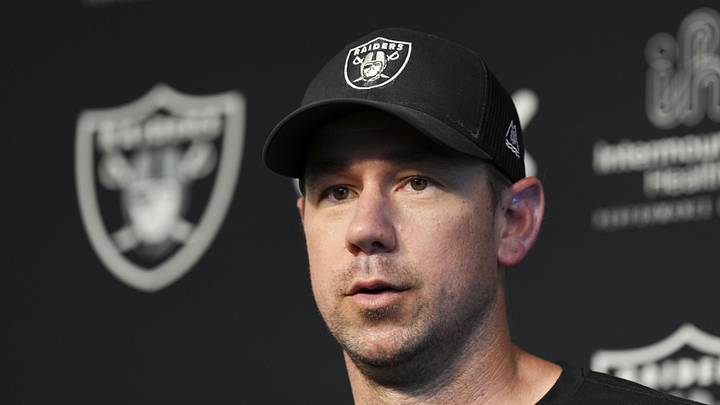 Las Vegas Raiders head coach Klint Kubiak speaks during a news conference.