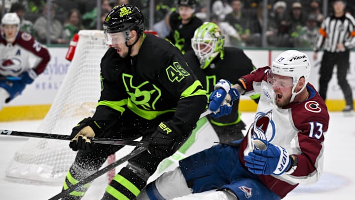 Nov 29, 2024; Dallas, Texas, USA; Dallas Stars defenseman Ilya Lyubushkin (46) checks Colorado Avalanche right wing Valeri Nichushkin (13) during the third period at the American Airlines Center. Mandatory Credit: Jerome Miron-Imagn Images