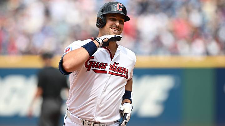 Aug 6, 2026: Cleveland Guardians first baseman Nathaniel Lowe (46) rounds the bases after hitting a home run during the fifth inning against the New York Mets at Progressive Field. Credit: Ken Blaze-Imagn Images