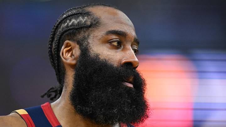 May 23, 2026; Cleveland, Ohio, USA; Cleveland Cavaliers guard James Harden (1) looks on in the third quarter against the New York Knicks  during game three of the eastern conference finals for the 2026 NBA playoffs at Rocket Arena. Mandatory Credit: David Richard-Imagn Images