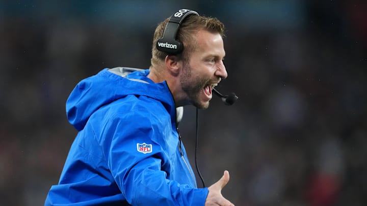 Oct 19, 2025; London, United Kingdom; Los Angeles Rams head coach Sean McVay reacts after a play against the Jacksonville Jaguars during the second half of an NFL International Series game at Wembley Stadium. Mandatory Credit: Kirby Lee-Imagn Images Oct 19, 2025; London, United Kingdom; Los Angeles Rams head coach Sean McVay reacts after a play against the Jacksonville Jaguars during the second half of an NFL International Series game at Wembley Stadium. Mandatory Credit: Kirby Lee-Imagn Images