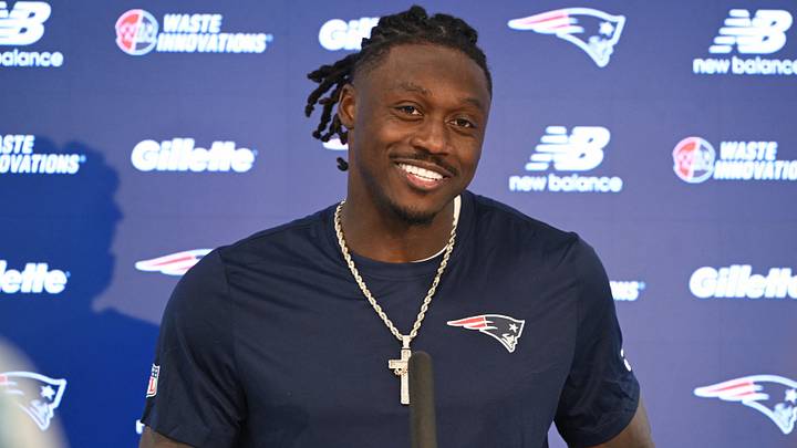 New England Patriots wide receiver A.J. Brown (1) speaks at a press conference after practice at the team's OTA at Gillette Stadium. Mandatory Credit: Eric Canha-Imagn Images New England Patriots wide receiver A.J. Brown (1) speaks at a press conference after practice at the team's OTA at Gillette Stadium. Mandatory Credit: Eric Canha-Imagn Images