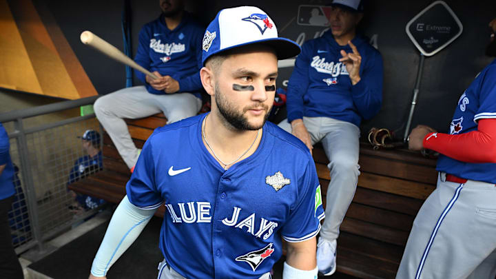 Oct 27, 2025; Los Angeles, California, USA; Toronto Blue Jays second baseman Bo Bichette (11) looks on before game three of the 2025 MLB World Series against the Los Angeles Dodgers at Dodger Stadium. Mandatory Credit: Jayne Kamin-Oncea-Imagn Images Oct 27, 2025; Los Angeles, California, USA; Toronto Blue Jays second baseman Bo Bichette (11) looks on before game three of the 2025 MLB World Series against the Los Angeles Dodgers at Dodger Stadium. Mandatory Credit: Jayne Kamin-Oncea-Imagn Images
