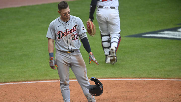 Oct 12, 2024; Cleveland, Ohio, USA; Detroit Tigers first base Spencer Torkelson (20) reacts in the seventh inning against the Cleveland Guardians during game five of the ALDS for the 2024 MLB Playoffs at Progressive Field. 