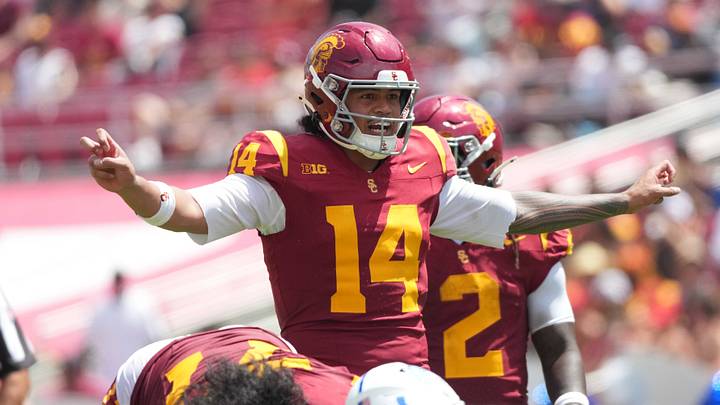 Aug 29, 2026; Los Angeles, California, USA; Southern California Trojans quarterback Jayden Maiava (14) prepares to take the snap against the San Jose State Spartans at United Airlines Field at Los Angeles Memorial Coliseum. Mandatory Credit: Kirby Lee-Imagn Images