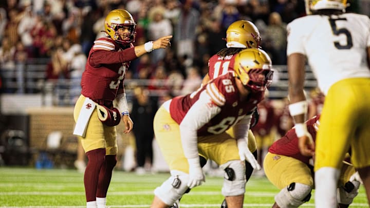 Nov 1, 2025; Chestnut Hill, Massachusetts, USA; Boston College Eagles quarterback Grayson James (3) calls the snap count against the Notre Dame Fighting Irish defense in the fourth quarter at Alumni Stadium. Mandatory Credit: Edward Finan-Imagn Images Nov 1, 2025; Chestnut Hill, Massachusetts, USA; Boston College Eagles quarterback Grayson James (3) calls the snap count against the Notre Dame Fighting Irish defense in the fourth quarter at Alumni Stadium. Mandatory Credit: Edward Finan-Imagn Images