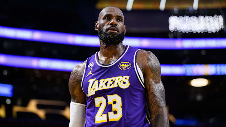Mar 27, 2026; Los Angeles, California, USA; Los Angeles Lakers forward LeBron James (23) during the second half against the Brooklyn Nets at Crypto.com Arena. Mandatory Credit: William Liang-Imagn Images