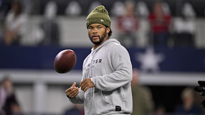 Nov 3, 2025; Arlington, Texas, USA; Arizona Cardinals quarterback Kyler Murray (1) looks on from the field before the game between the Dallas Cowboys and the Arizona Cardinals at AT&T Stadium. Mandatory Credit: Jerome Miron-Imagn Images