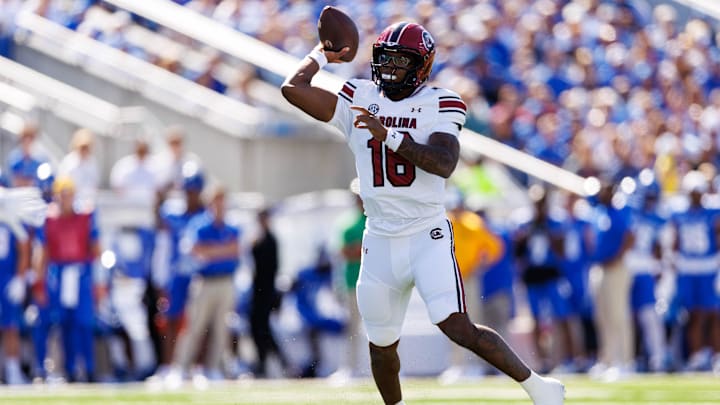 Sep 7, 2024; Lexington, Kentucky, USA; South Carolina Gamecocks quarterback LaNorris Sellers (16) throws a pass during the first quarter against the Kentucky Wildcats at Kroger Field. Mandatory Credit: Jordan Prather-Imagn Images