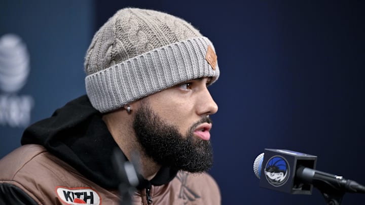Feb 7, 2025; Dallas, TX, USA; Dallas Mavericks forward Caleb Martin speaks to the media during a press conference at the Dallas Mavericks practice facility. Mandatory Credit: Jerome Miron-Imagn Images