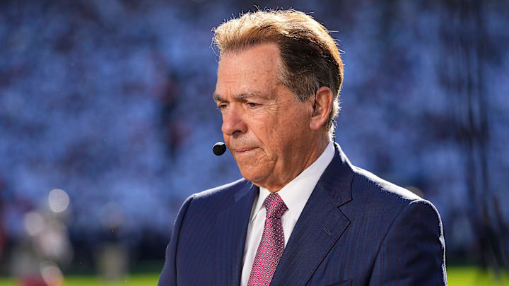Nick Saban sits on the ESPN College Gameday set prior to the NCAA football game between the Penn State Nittany Lions and the Ohio State Buckeyes at Beaver Stadium in University Park, Pa. on Saturday, Nov. 2, 2024.