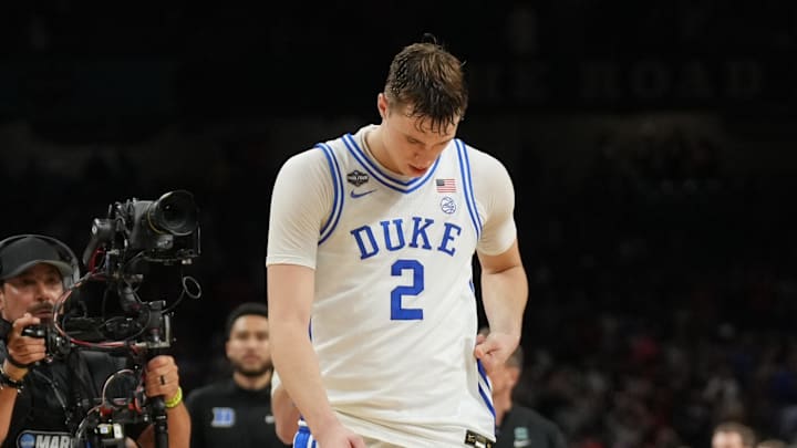 Apr 5, 2025; San Antonio, TX, USA; Duke Blue Devils forward Cooper Flagg (2) reacts after losing to the Houston Cougars in the semifinals of the men's Final Four of the 2025 NCAA Tournament at the Alamodome. Mandatory Credit: Robert Deutsch-Imagn Images Apr 5, 2025; San Antonio, TX, USA; Duke Blue Devils forward Cooper Flagg (2) reacts after losing to the Houston Cougars in the semifinals of the men's Final Four of the 2025 NCAA Tournament at the Alamodome. Mandatory Credit: Robert Deutsch-Imagn Images