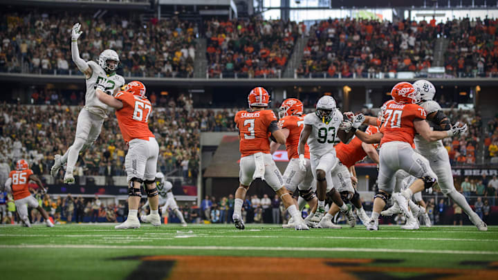 Dec 4, 2021; Arlington, TX, USA; Baylor Bears linebacker Matt Jones (52) and linebacker Victor Obi (93) Oklahoma State Cowboys quarterback Spencer Sanders (3) during the second half in the Big 12 Conference championship game at AT&T Stadium. Mandatory Credit: Jerome Miron-Imagn Images