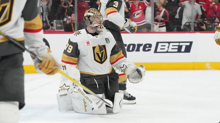 Jun 11, 2026; Raleigh, North Carolina, USA; Vegas Golden Knights goaltender Carter Hart (79) reacts after giving up a goal during the third period against the Carolina Hurricanes in game five of the 2026 Stanley Cup Final at Lenovo Center. Mandatory Credit: James Guillory-Imagn Images Jun 11, 2026; Raleigh, North Carolina, USA; Vegas Golden Knights goaltender Carter Hart (79) reacts after giving up a goal during the third period against the Carolina Hurricanes in game five of the 2026 Stanley Cup Final at Lenovo Center. Mandatory Credit: James Guillory-Imagn Images