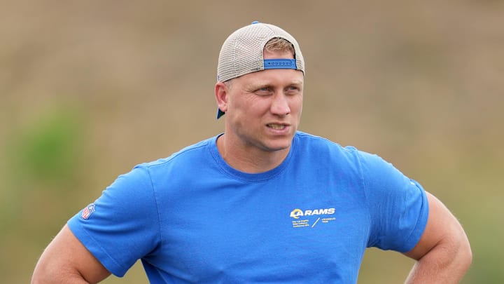 Jun 14, 2023; Thousand Oaks, CA, USA; Los Angeles Rams special teams coordinator coach Chase Blackburn during minicamp at Cal Lutheran University. Mandatory Credit: Kirby Lee-Imagn Images Jun 14, 2023; Thousand Oaks, CA, USA; Los Angeles Rams special teams coordinator coach Chase Blackburn during minicamp at Cal Lutheran University. Mandatory Credit: Kirby Lee-Imagn Images