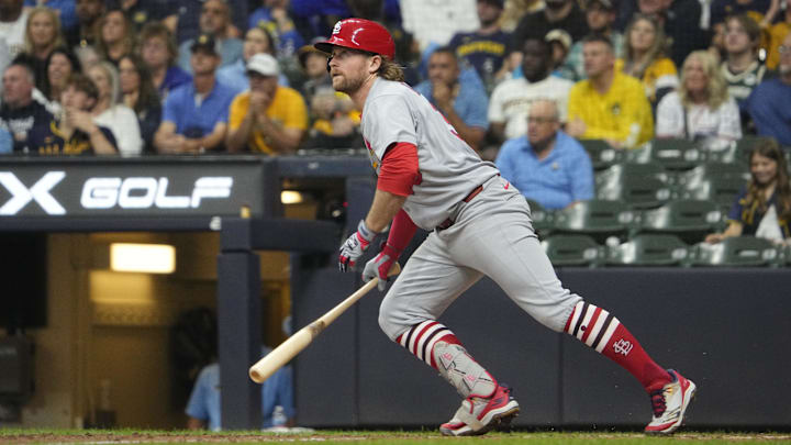 Sep 12, 2025; Milwaukee, Wisconsin, USA; St. Louis Cardinals second base Brendan Donovan (33) gets a base hit against the Milwaukee Brewers in the seventh inning at American Family Field. Mandatory Credit: Michael McLoone-Imagn Images