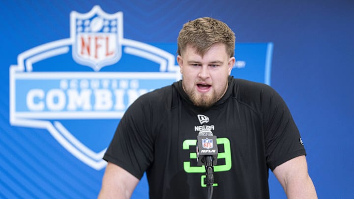 Sacramento State offensive lineman Jackson Slater (OL39) answers questions at a press conference during the 2025 NFL Combine at Indiana Convention Center.