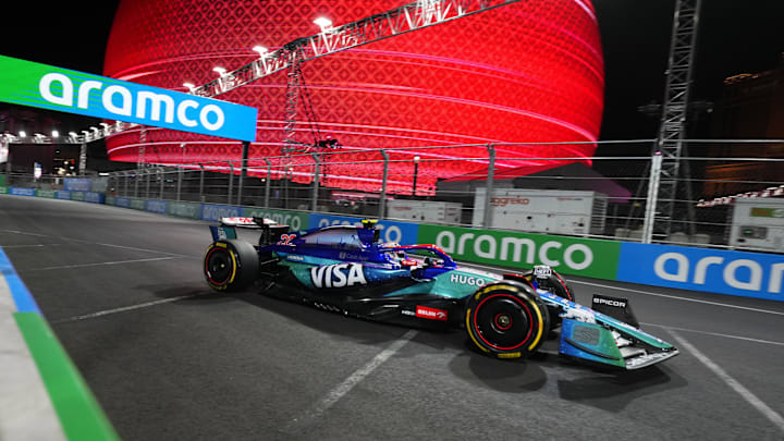 Nov 21, 2024; Las Vegas, Nevada, USA; Visa Cash App RB Formula One Team driver Yuki Tsunoda of Japan (22) drives during the Formula 1 Heineken Silver Las Vegas Grand Prix at Las Vegas Circuit. Mandatory Credit: Lucas Peltier-Imagn Images