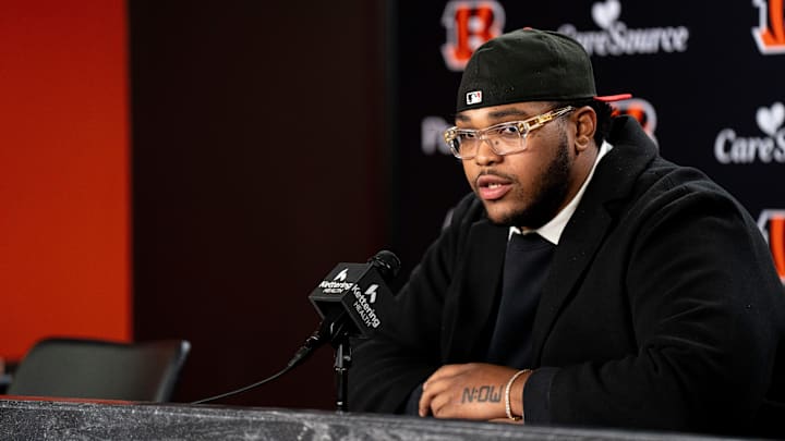 Bengals left tackle Orlando Brown Jr. speaks to the media during a press conference at Paycor Stadium in Cincinnati on Thursday, March 12, 2026.
