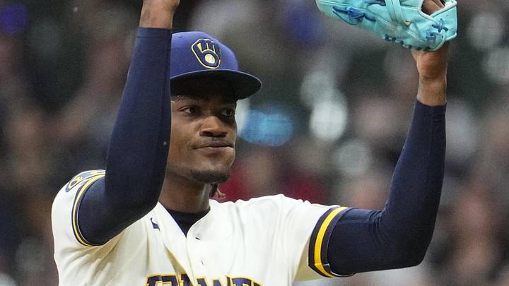 May 26, 2026; Milwaukee, Wisconsin, USA; Milwaukee Brewers pitcher Abner Uribe (45) celebrates the final out of in the eighth inning against the St. Louis Cardinals at American Family Field. Mandatory Credit: Michael McLoone-Imagn Images