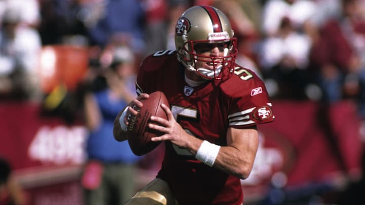 Oct 19, 2003; San Francisco, CA, USA; FILE PHOTO; San Francisco 49ers quarterback Jeff Garcia (5) in action against the Tampa Bay Buccaneers at 3Com Park. Mandatory Credit: Peter Brouillet-USA TODAY NETWORK Oct 19, 2003; San Francisco, CA, USA; FILE PHOTO; San Francisco 49ers quarterback Jeff Garcia (5) in action against the Tampa Bay Buccaneers at 3Com Park. Mandatory Credit: Peter Brouillet-USA TODAY NETWORK