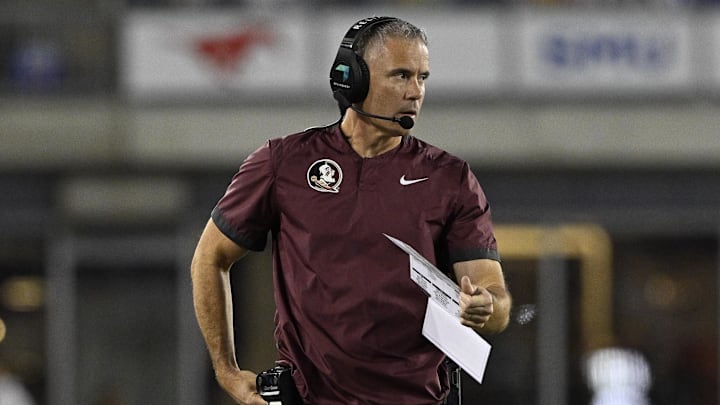Sep 28, 2024; Dallas, Texas, USA; Florida State Seminoles head coach Mike Norvell during the game between the Southern Methodist Mustangs and the Florida State Seminoles at Gerald J. Ford Stadium. Mandatory Credit: Jerome Miron-Imagn Images