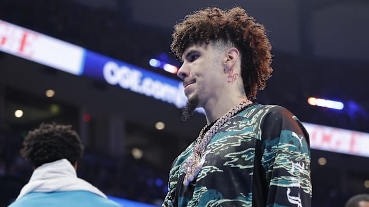 Mar 21, 2025; Oklahoma City, Oklahoma, USA; Charlotte Hornets guard LaMelo Ball (1) walks to the bench during a time out against the Oklahoma City Thunder during the first quarter at Paycom Center. Mandatory Credit: Alonzo Adams-Imagn Images