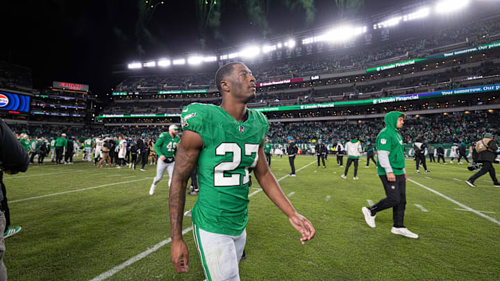 Nov 3, 2024; Philadelphia, Pennsylvania, USA; Philadelphia Eagles cornerback Quinyon Mitchell (27) walks off the field after a victory against the Jacksonville Jaguars at Lincoln Financial Field. Mandatory Credit: Bill Streicher-Imagn Images