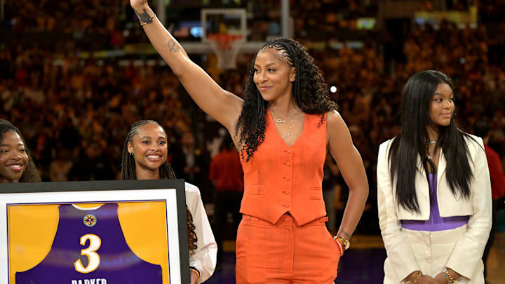 Jun 29, 2025; Los Angeles, California, USA; Former Los Angeles Sparks Candace Parker acknowledges the crowd during a  jersey retirement ceremony at halftime at Crypto.com Arena. Mandatory Credit: Jayne Kamin-Oncea-Imagn Images