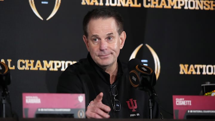 Jan 20, 2026; Miami, FL, USA; Indiana Hoosiers head coach Curt Cignetti during the CFP Champions press conference at Marriott Marquis Miami. Mandatory Credit: Kirby Lee-Imagn Images