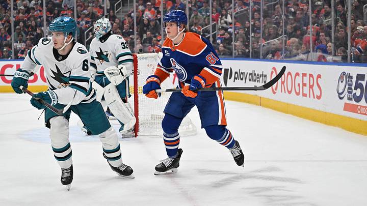 Mar 17, 2026; Edmonton, Alberta, CAN; San Jose Sharks defenseman Sam Dickinson (6) and Edmonton Oilers center Josh Samanski (81) are seen out on the ice during the first period at Rogers Place. Mandatory Credit: Walter Tychnowicz-Imagn Images Mar 17, 2026; Edmonton, Alberta, CAN; San Jose Sharks defenseman Sam Dickinson (6) and Edmonton Oilers center Josh Samanski (81) are seen out on the ice during the first period at Rogers Place. Mandatory Credit: Walter Tychnowicz-Imagn Images