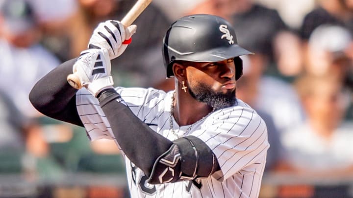 Jul 12, 2025; Chicago, Illinois, USA; Chicago White Sox center fielder Luis Robert Jr. (88) at bat during the fourth inning against the Cleveland Guardians at Rate Field