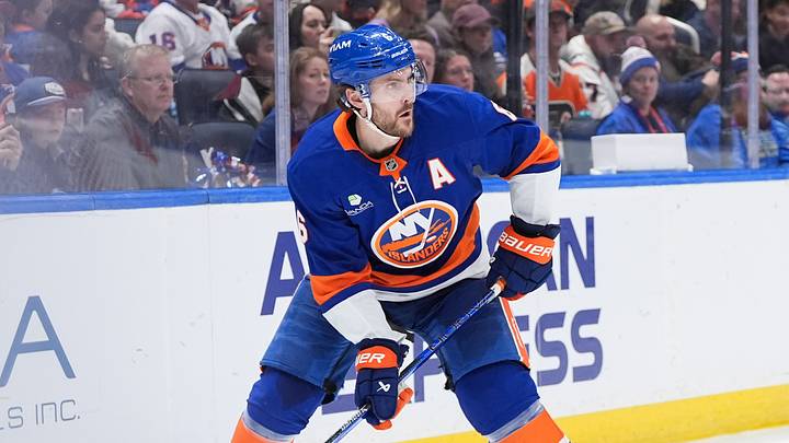Apr 3, 2026; Elmont, New York, USA; New York Islanders defenseman Ryan Pulock (6) carries the puck in the third period against the Philadelphia Flyers at UBS Arena. Mandatory Credit: Alexander Wohl-Imagn Images Apr 3, 2026; Elmont, New York, USA; New York Islanders defenseman Ryan Pulock (6) carries the puck in the third period against the Philadelphia Flyers at UBS Arena. Mandatory Credit: Alexander Wohl-Imagn Images