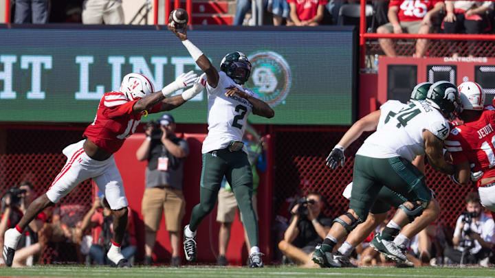 Nebraska pressures Michigan State quarterback Aidan Chiles during the first quarter. Chiles had limited success passing but did some damage with his legs.