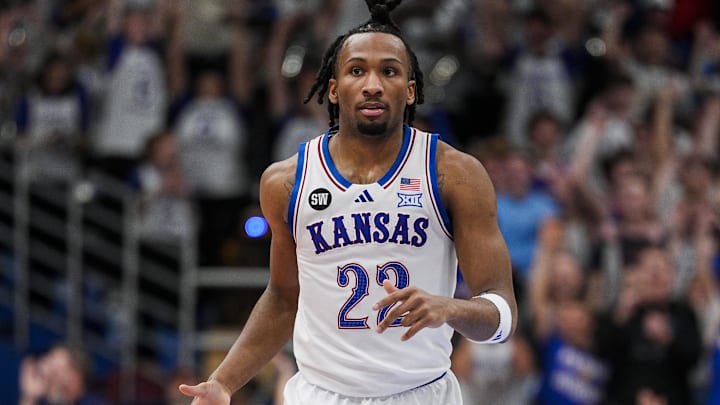 Jan 13, 2026; Lawrence, Kansas, USA; Kansas Jayhawks guard Darryn Peterson (22) reacts after scoring during the second half against the Iowa State Cyclones at Allen Fieldhouse. Mandatory Credit: Jay Biggerstaff-Imagn Images