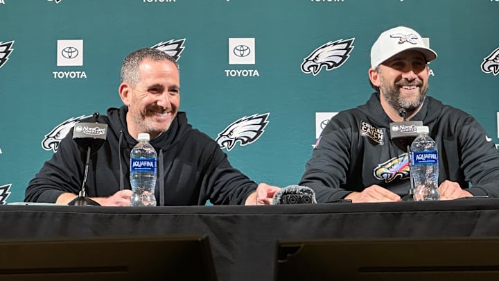 Eagles GM Howie Roseman (left) and head coach Nick Sirianni discuss the upcoming 2025 NFL Draft. Eagles GM Howie Roseman (left) and head coach Nick Sirianni discuss the upcoming 2025 NFL Draft.