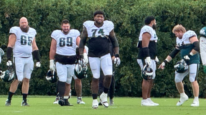 Eagles offensive linemen from left to right: Lane Johnson, Landon Dickerson, Fred Johnson, Jordan Mailata, and Cam Jurgens. Eagles offensive linemen from left to right: Lane Johnson, Landon Dickerson, Fred Johnson, Jordan Mailata, and Cam Jurgens.