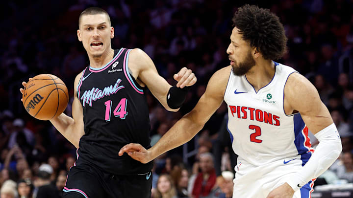 Nov 29, 2025; Miami, Florida, USA; Miami Heat guard Tyler Herro (14) controls the ball against Detroit Pistons guard Cade Cunningham (2) during the first half at Kaseya Center. Mandatory Credit: Rhona Wise-Imagn Images Nov 29, 2025; Miami, Florida, USA; Miami Heat guard Tyler Herro (14) controls the ball against Detroit Pistons guard Cade Cunningham (2) during the first half at Kaseya Center. Mandatory Credit: Rhona Wise-Imagn Images