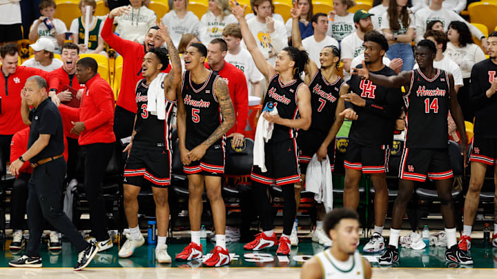 Jan 10, 2026; Waco, Texas, USA;  The Houston Cougars bench celebrates after a play against the Baylor Bears during the second half at Paul and Alejandra Foster Pavilion. 