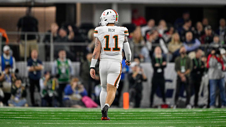 Dec 31, 2025; Arlington, TX, USA; Miami Hurricanes quarterback Carson Beck (11) walks up the field during the 2025 Cotton Bowl and quarterfinal game of the College Football Playoff at AT&T Stadium. Mandatory Credit: Jerome Miron-Imagn Images Dec 31, 2025; Arlington, TX, USA; Miami Hurricanes quarterback Carson Beck (11) walks up the field during the 2025 Cotton Bowl and quarterfinal game of the College Football Playoff at AT&T Stadium. Mandatory Credit: Jerome Miron-Imagn Images