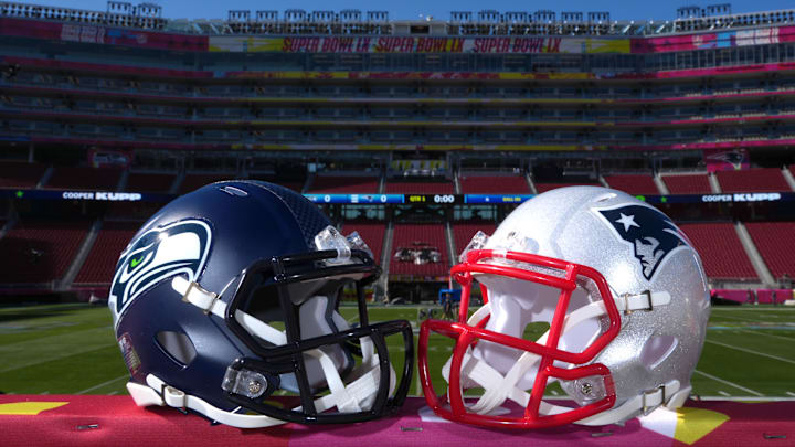 Feb 4, 2026; Santa Clara, CA, USA; Seattle Seahawks and New England Patriots helmets at Levi's Stadium. Mandatory Credit: Kirby Lee-Imagn Images