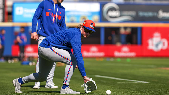 Feb 13, 2026; Port St. Lucie, FL, USA; New York Mets infielder Ryan Clifford (87) works during spring training at Clover Park. Mandatory Credit: Sam Navarro-Imagn Images