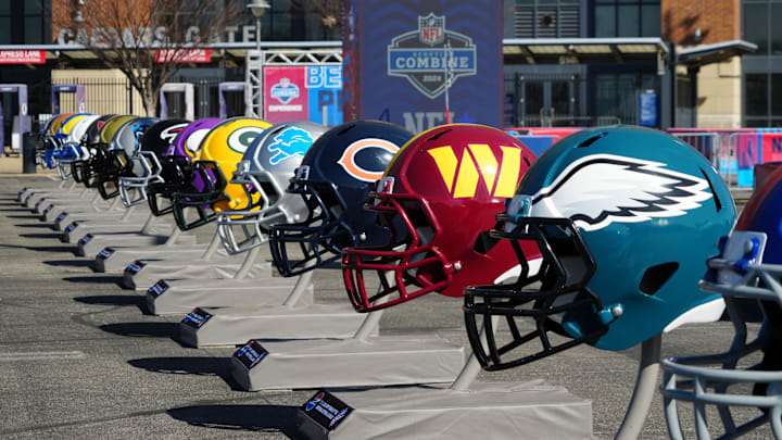 Feb 28, 2024; Indianapolis, IN, USA; A general view of large Philadelphia Eagles, Washington Commanders and Chicago Bears helmets at the NFL Scouting Combine Experience at Lucas Oil Stadium. Mandatory Credit: Kirby Lee-Imagn Images