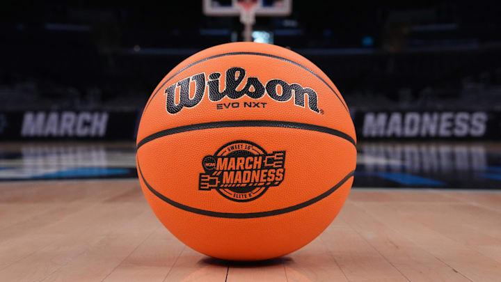 Mar 27, 2024; Los Angeles, CA, USA; A Wilson official Evo NXT game basketball with March Madness and Elite 8 and Sweet logo at Crypto.com Arena. Mandatory Credit: Kirby Lee-Imagn Images Mar 27, 2024; Los Angeles, CA, USA; A Wilson official Evo NXT game basketball with March Madness and Elite 8 and Sweet logo at Crypto.com Arena. Mandatory Credit: Kirby Lee-Imagn Images