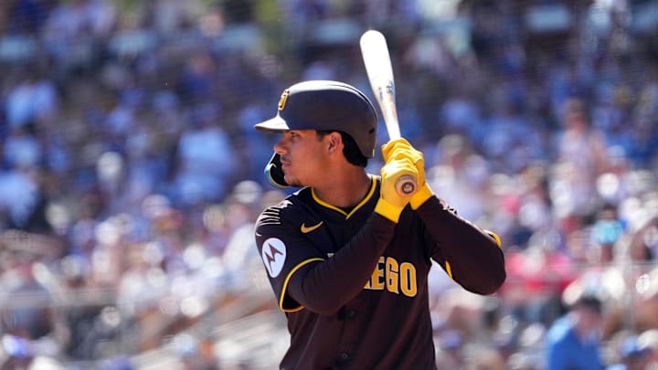 Feb 23, 2025; Phoenix, Arizona, USA; San Diego Padres catcher Ethan Salas (90) bats against the Los Angeles Dodgers during the second inning at Camelback Ranch-Glendale. Mandatory Credit: Joe Camporeale-Imagn Images