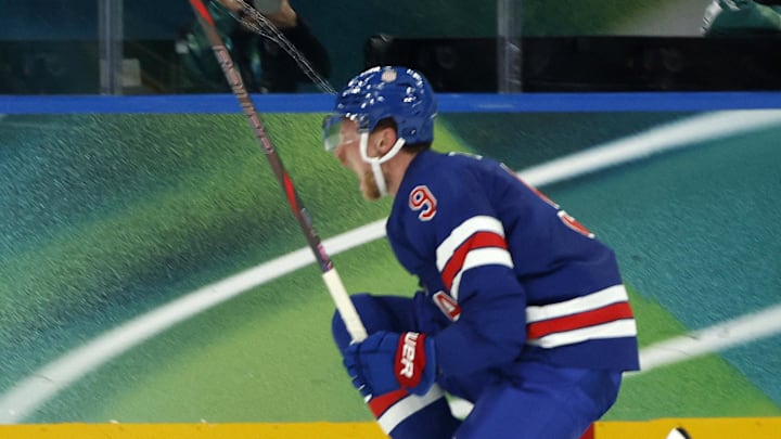 Feb 14, 2026; Milan, Italy; Jack Eichel of United States celebrates scoring their third goal in men's ice hockey group C play during the Milano Cortina 2026 Olympic Winter Games at Milano Santagiulia Ice Hockey Arena. Mandatory Credit: Geoff Burke-Imagn Images Feb 14, 2026; Milan, Italy; Jack Eichel of United States celebrates scoring their third goal in men's ice hockey group C play during the Milano Cortina 2026 Olympic Winter Games at Milano Santagiulia Ice Hockey Arena. Mandatory Credit: Geoff Burke-Imagn Images