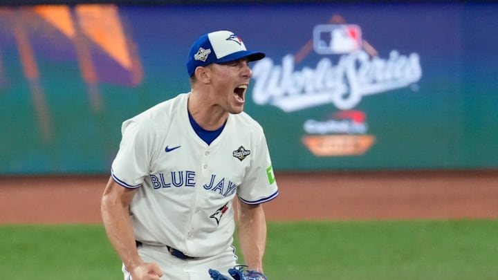 Oct 24, 2025; Toronto, Ontario, CAN; Toronto Blue Jays pitcher Chris Bassitt (40) celebrates after throwing against the Los Angeles Dodgers in the eighth inning during game one of the 2025 MLB World Series at Rogers Centre. Mandatory Credit: Kevin Sousa-Imagn Images