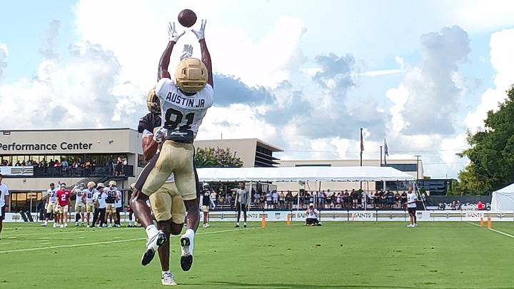 Saints receiver Kevin Austin Jr goes up for a pass in 1-on-1 Saints receiver Kevin Austin Jr goes up for a pass in 1-on-1