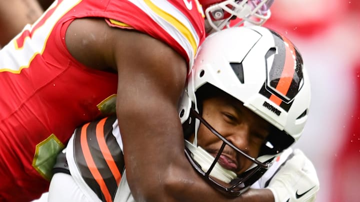 Dec 15, 2024; Cleveland, Ohio, USA; Kansas City Chiefs cornerback Christian Roland-Wallace (30) tackles Cleveland Browns quarterback Jameis Winston (5) during the second half at Huntington Bank Field. Mandatory Credit: Ken Blaze-Imagn Images Dec 15, 2024; Cleveland, Ohio, USA; Kansas City Chiefs cornerback Christian Roland-Wallace (30) tackles Cleveland Browns quarterback Jameis Winston (5) during the second half at Huntington Bank Field. Mandatory Credit: Ken Blaze-Imagn Images